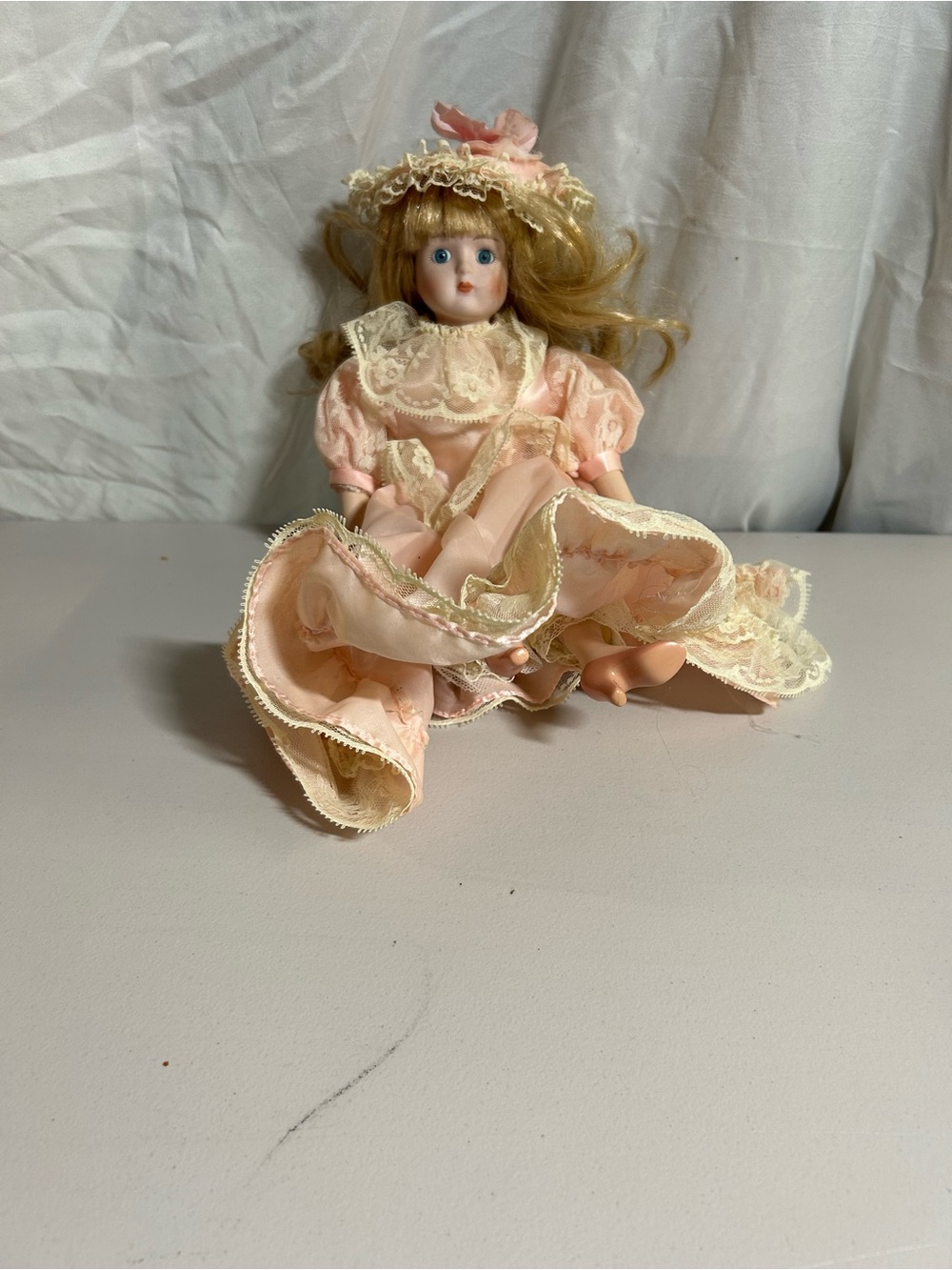 Vintage-Style Porcelain Doll in Soft Pink Lace Dress